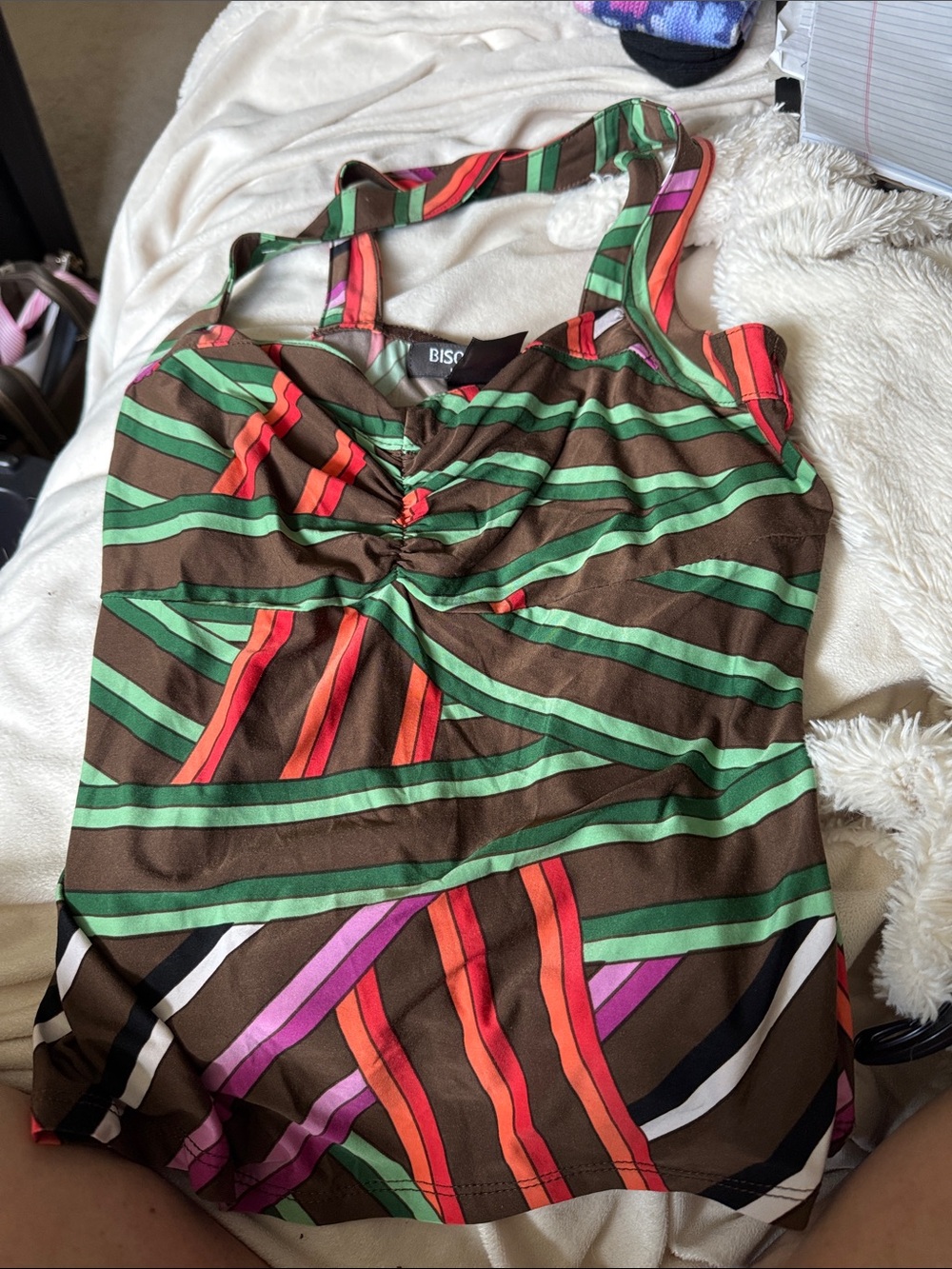 Bisou Bisou Brown Tank Top with Green, Red & Pink Stripes